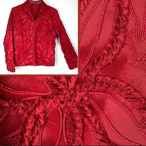 Samuel Dong red floral leaf textured zip up jacket, Red S M , unique design.